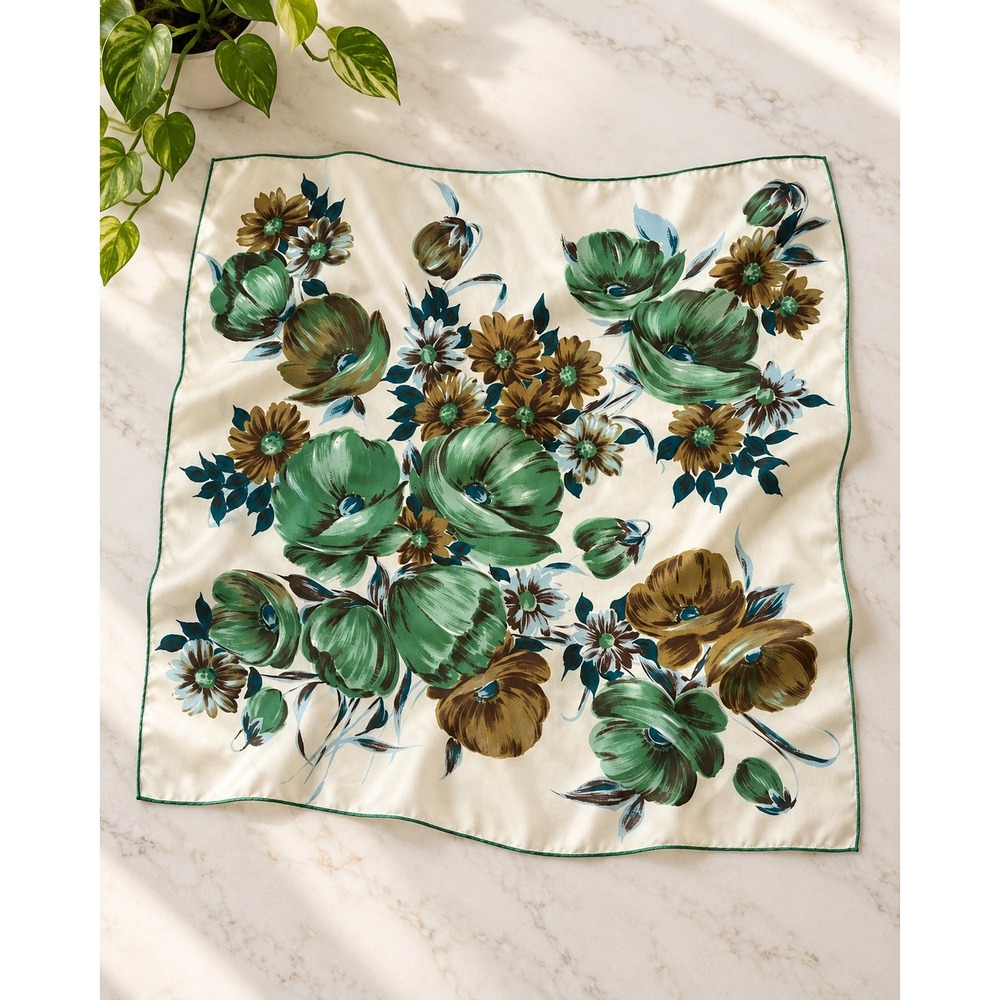 Vintage Superior Scarf Hand Printed Floral Silk Feel Square Scarf Green Bold